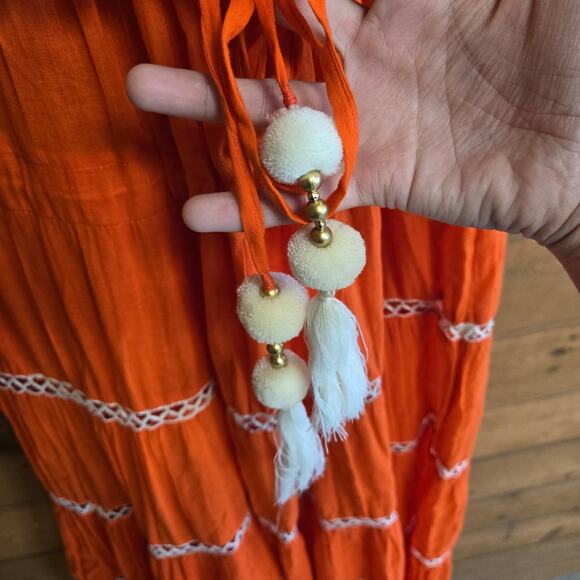 Miss June Esmerelda Long Dress Orange Embroidered Tiered Maxi Off Shoulder OS - Picture 4 of 8